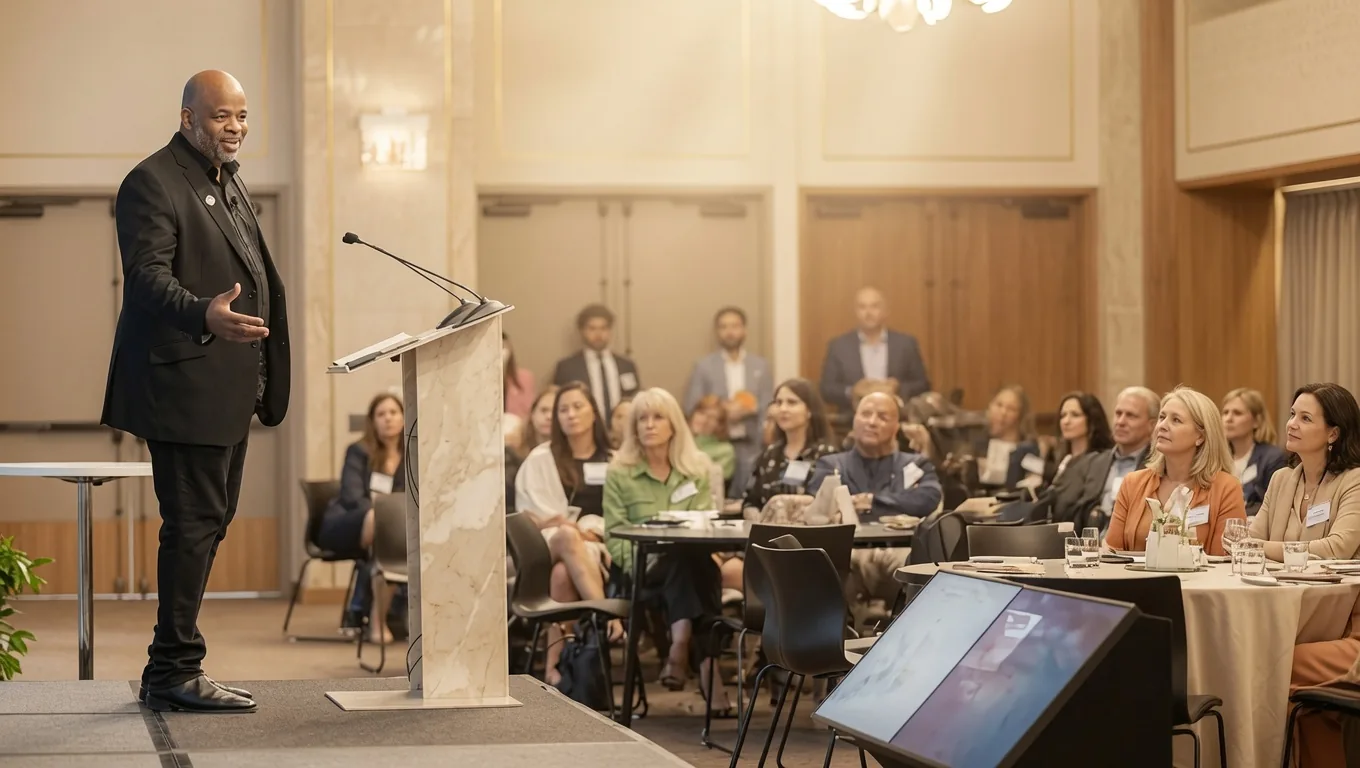Andre Norman speaking from a podium to a seated audience